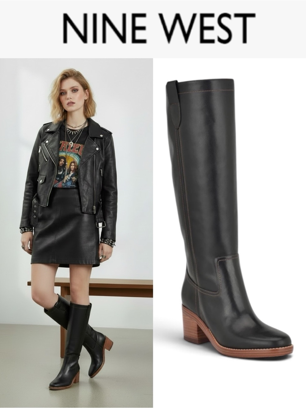 NIB NINE WEST HECEE BLACK LEATHER KNEE-HIGH BOOTS VINTAGE CAMPUS STYLE SIZE 10